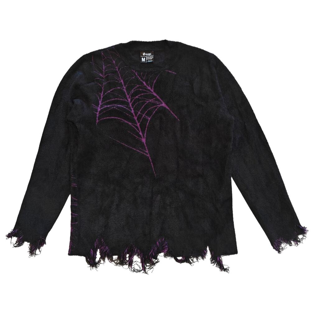 Guapi Black Fuzzy Sweater Purple Spiderweb Distressed Hem Size M